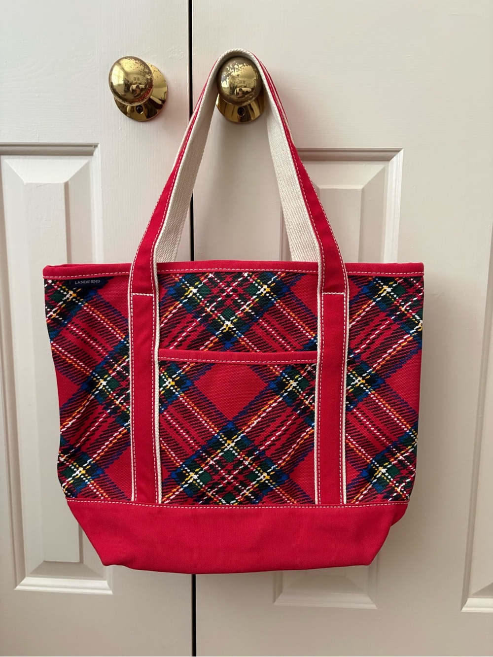 Lands End Red Plaid Canvas Tote with Navy Accents
